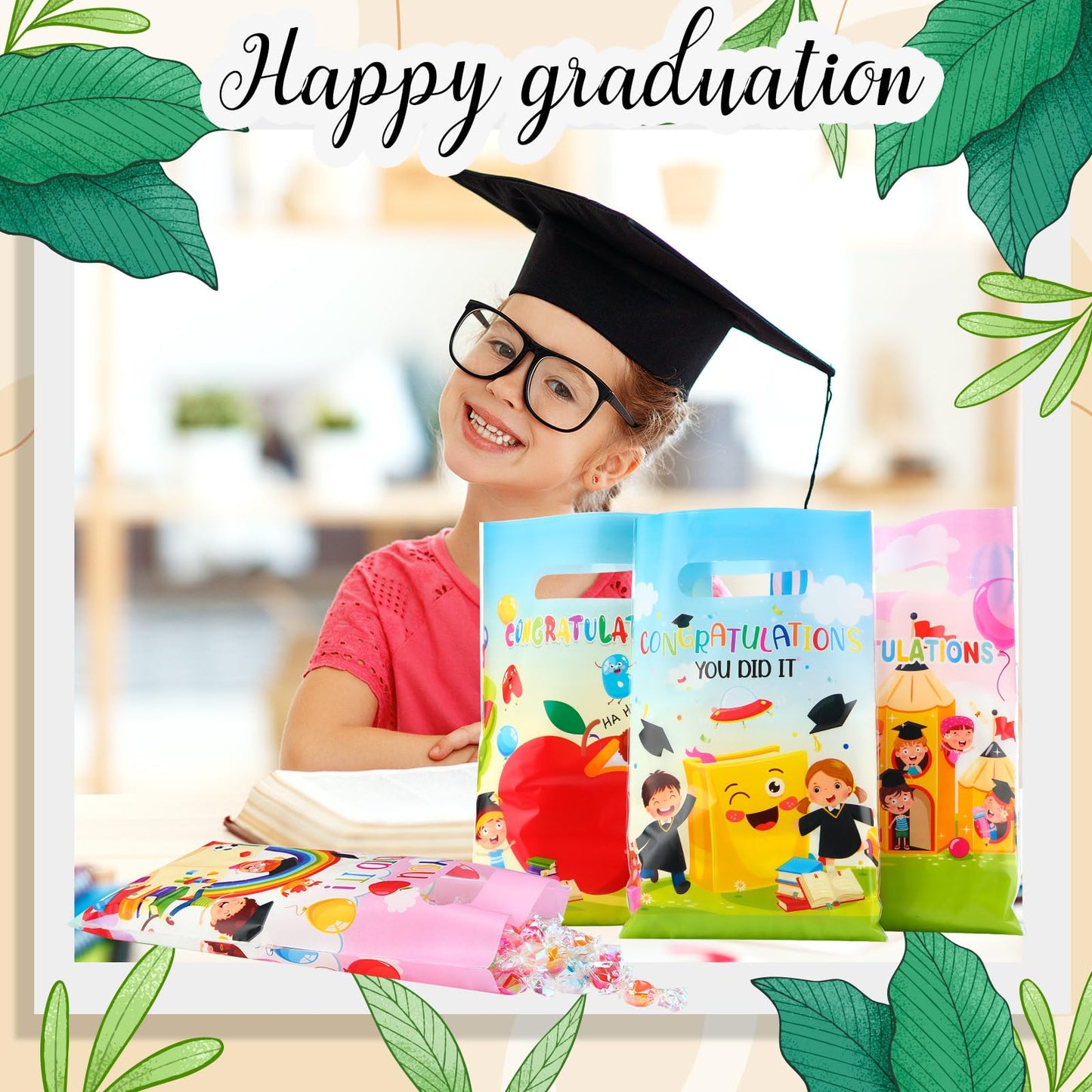 Chivertion 100 Pcs Preschool Graduation Plastic Gift Bags Bulk Kindergarten Graduation Merchandise Treat Bags with Handle for Kids
