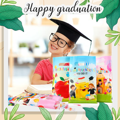 Chivertion 100 Pcs Preschool Graduation Plastic Gift Bags Bulk Kindergarten Graduation Merchandise Treat Bags with Handle for Kids