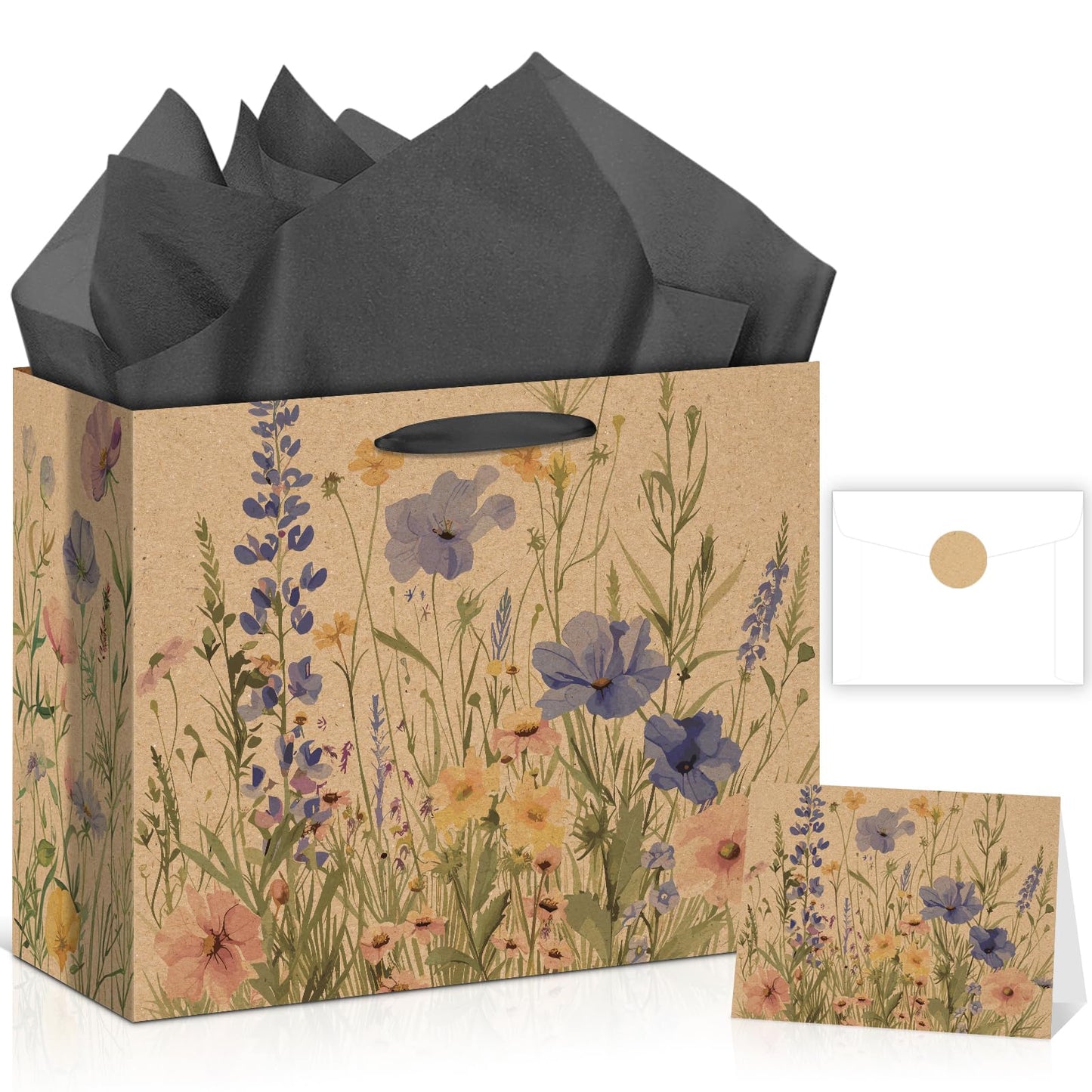 Wildflower Gift Bag Christmas Gifts Wild Floral Birthday Bag with Wrapping Paper Card Sticker Envelope for Watercolor Flower Christian Presents Wedding Baby Shower Bridal Shower Engagement Gifts Wrap