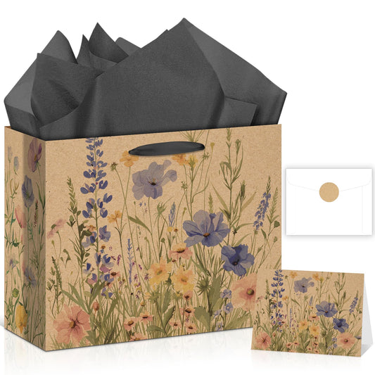 Wildflower Gift Bag Christmas Gifts Wild Floral Birthday Bag with Wrapping Paper Card Sticker Envelope for Watercolor Flower Christian Presents Wedding Baby Shower Bridal Shower Engagement Gifts Wrap