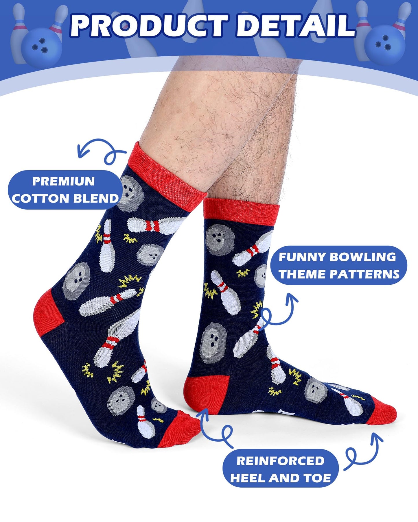 Patelai 12 Pairs Funny Bowling Socks for Men Novelty Sport Cotton Crew Socks Accessories for Bowling Lover Team Player Gifts
