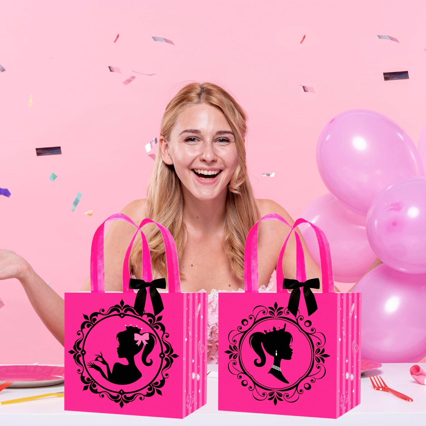 C L cooper life 12pcs Hot Pink Girl Party Gift Treat Bags with Handles Pink Girl Grocery Shopping Bag Princess Theme Non-Woven Bags for Girls Birthday Party Ladies Bachelorette Party Supplies