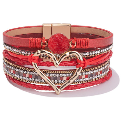 FANCY SHINY Heart Leather Wrap Bracelets Stackable Boho Cuff Bangles Trendy Resin Stone Rhinestone Bracelets with Magnetic Clasp for Women