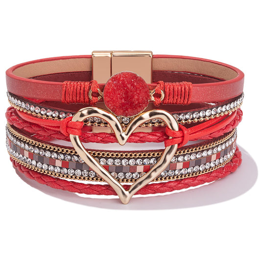 FANCY SHINY Heart Leather Wrap Bracelets Stackable Boho Cuff Bangles Trendy Resin Stone Rhinestone Bracelets with Magnetic Clasp for Women