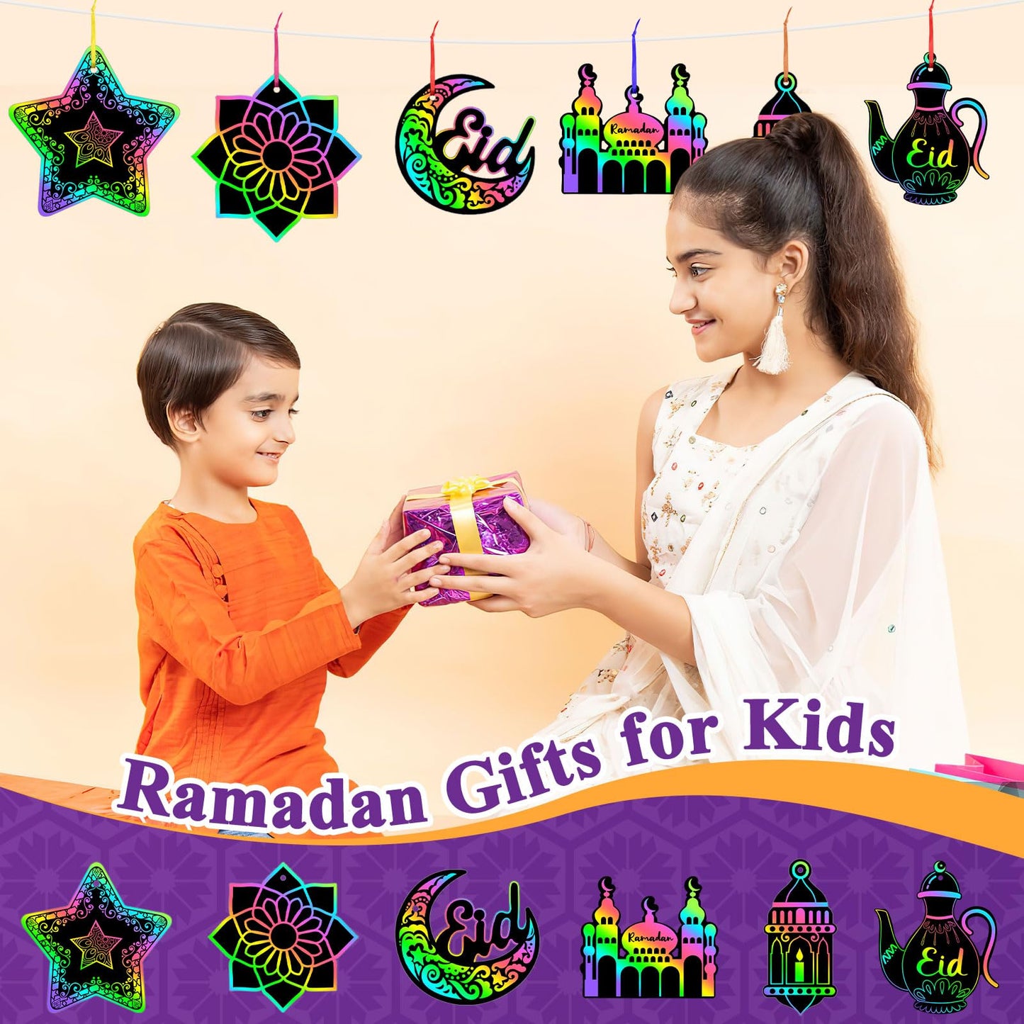 FEBSNOW 48 PCS Ramadan Crafts for Kids, Magic Rainbow Scratch Art Paper Cards for Kids Ramadan Gifts Eid School Classroom Activities Project Ramadan Eid Party Favors Hanging Ornaments
