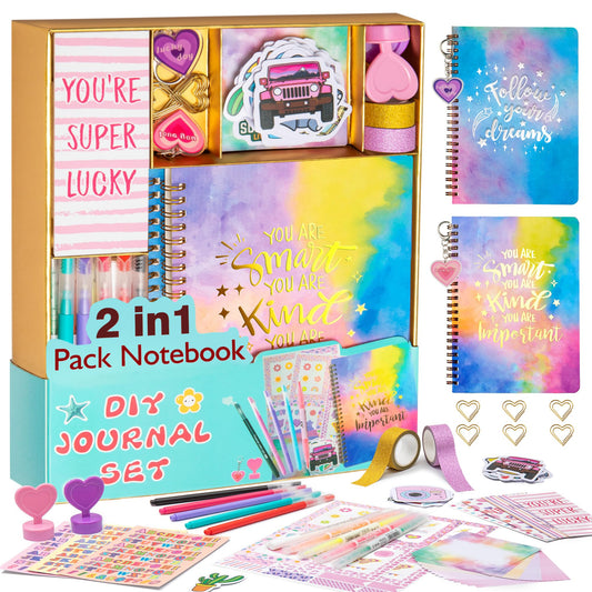 OIHEW 100+ Pcs DIY Journal Kit for Teen Girls - Scrapbook Supplies & Aesthetic Stationary Set with 2 Spiral Notebooks, Stickers, Glitter Pens - Arts and Crafts Birthday Gift for Tweens Girls Age 8-12+