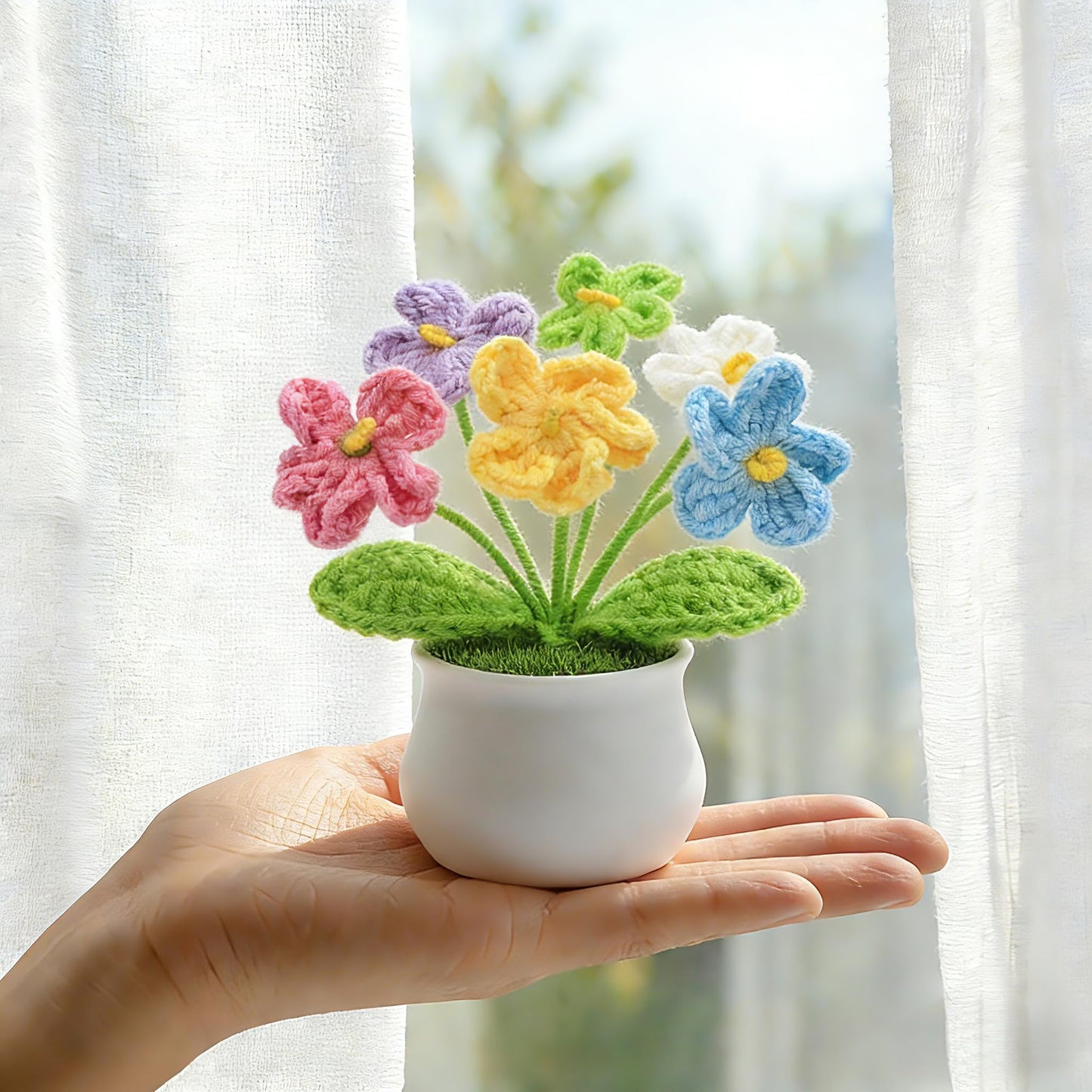 LAIDANLA Crochet Flowers Forget Me Not Potted Plant, Mini Handmade Knitted Flower for Desk, Crochet Flower in Pot, Unique Gifts for Women Teacher Mom Friend, Birthday Graduation