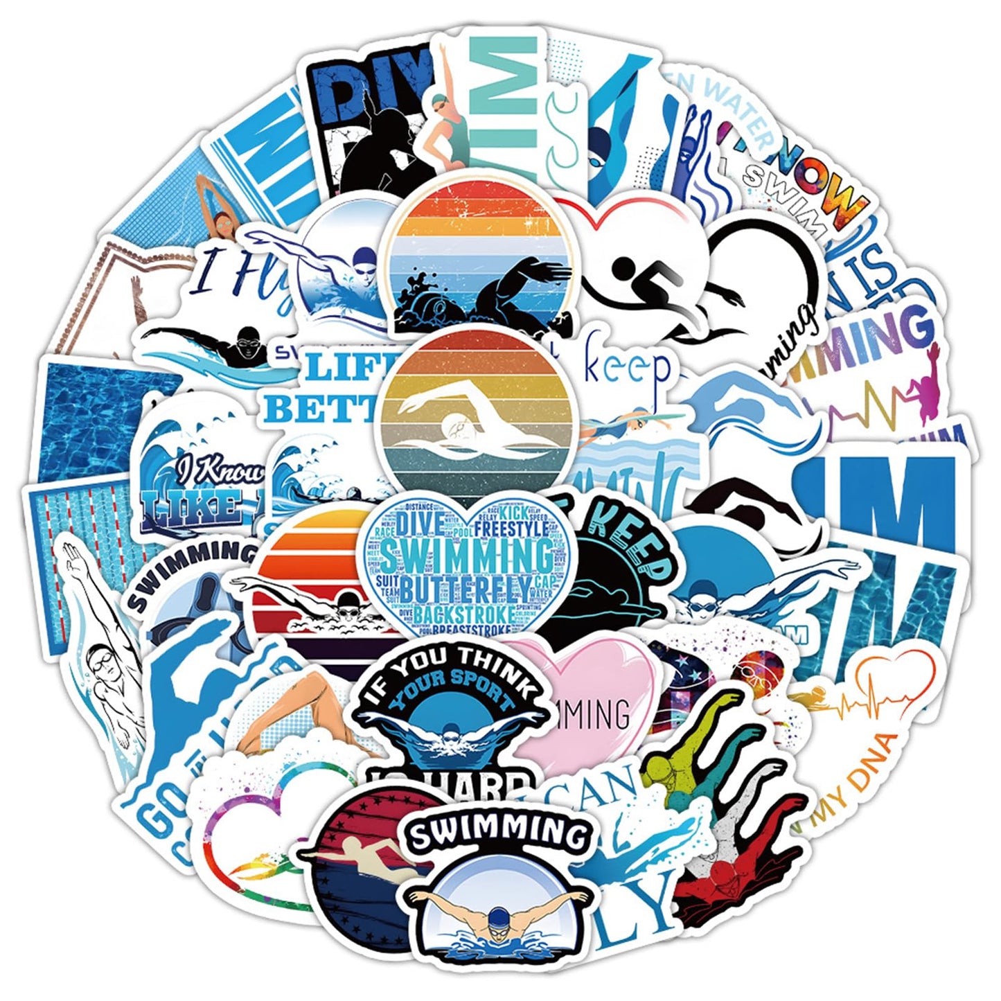 60PCS Swimming Stickers Waterproof Vinyl Swimmer Stickers for Water Bottles Luggage Phone, Asverbet Cute Sport Stickers for Teens Adults Swim Decorations Gifts for Kids