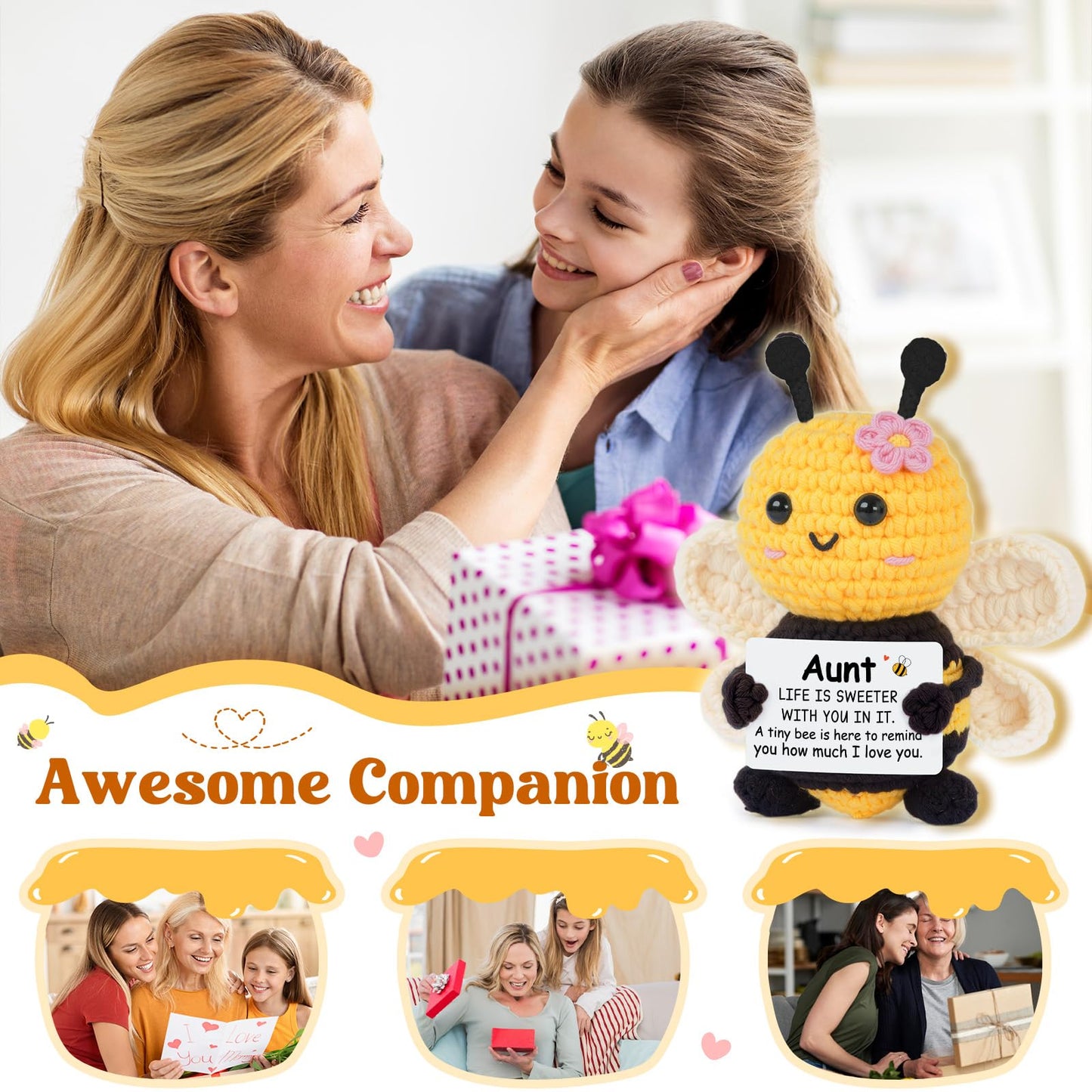 Aunt Gifts from Niece Nephew, Birthday Gifts for Aunt Ideas - Cute Handmade Crochet Bee - Christmas Valentines Mothers Day for Auntie, Emotional Support Crochet Decor