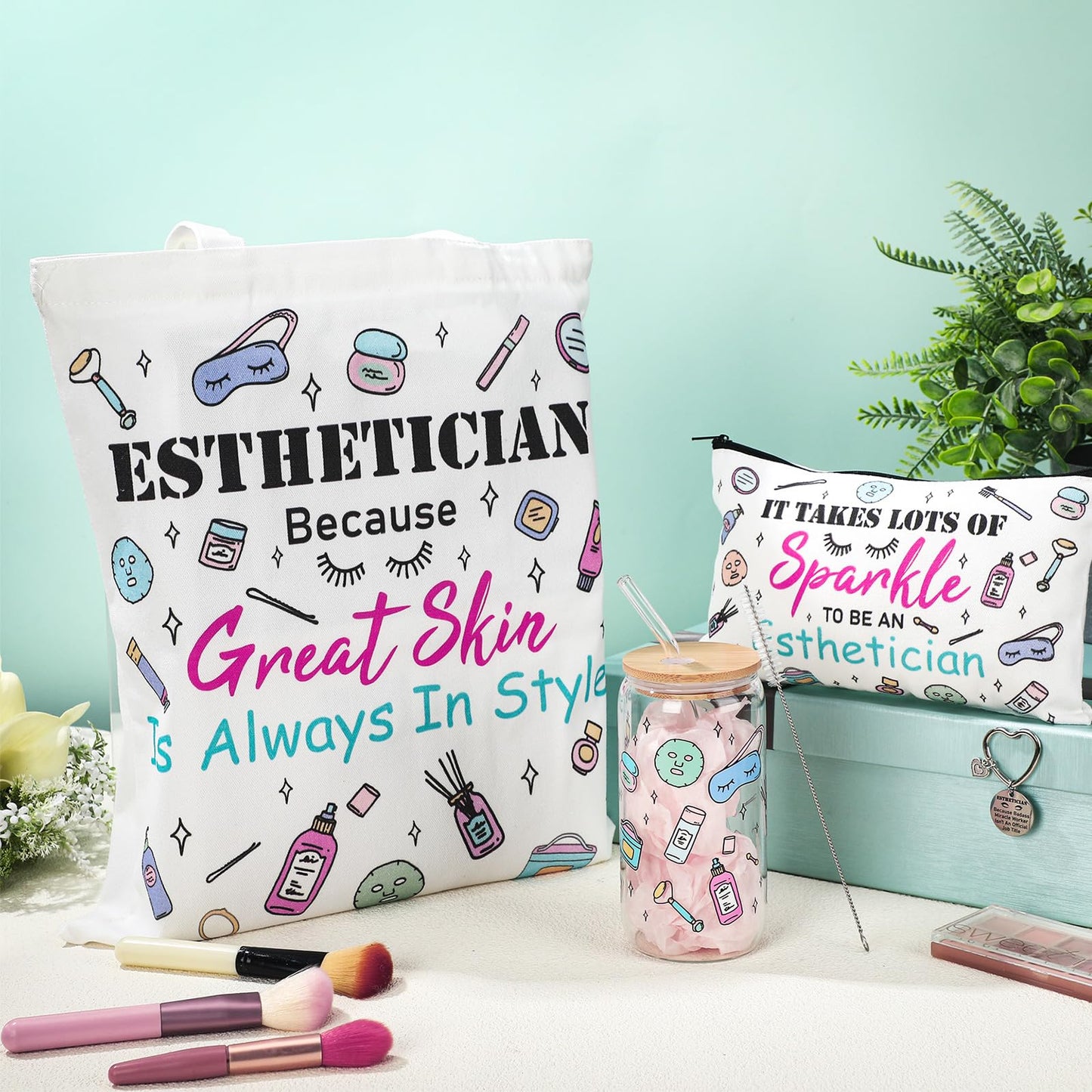 4 Pcs Esthetician Gifts Set 16oz Glass Tumbler with Straws Canvas Tote Bag Zipper Makeup Bag Esthetician Keychain Graduation Appreciation Gifts for Women Beautician Skin Therapist Salon Stylist