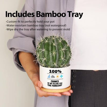 100 Percent Chance of Me Telling You The Forecast Meteorologist Gifts Weatherman Meteorology Weather Ceramic Succulent Plant Pot with Bamboo Tray Home Office Decor 3.5 Inch White (No Plants)
