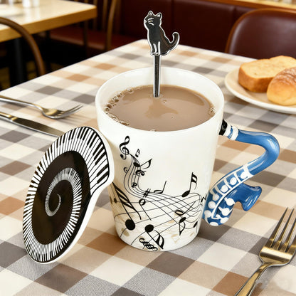 Saxophone Novelty Mug Unique Musical Gift Ceramic Tea Coffee Cup with Cool Music Themed Lid and Spoon,Birthday Holiday Gift for Musician,Women,Men,Teacher