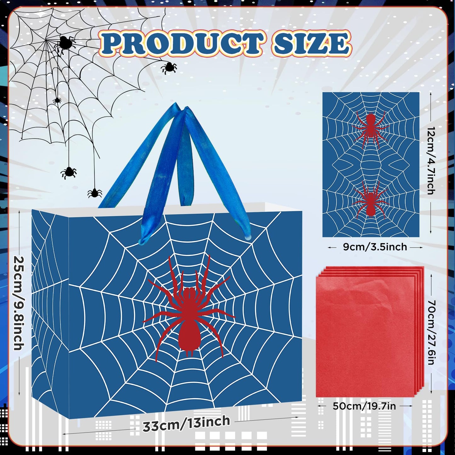 Yomaiha Blue Spider Birthday Gift Bag Spider Party Paper Bags with Handles Tissue Paper and Card Blue Spider Webs Wrapping Bag Spider Party Decorations for Men Girls Boys Birthday Supplies