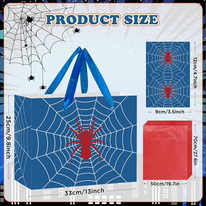 Yomaiha Blue Spider Birthday Gift Bag Spider Party Paper Bags with Handles Tissue Paper and Card Blue Spider Webs Wrapping Bag Spider Party Decorations for Men Girls Boys Birthday Supplies