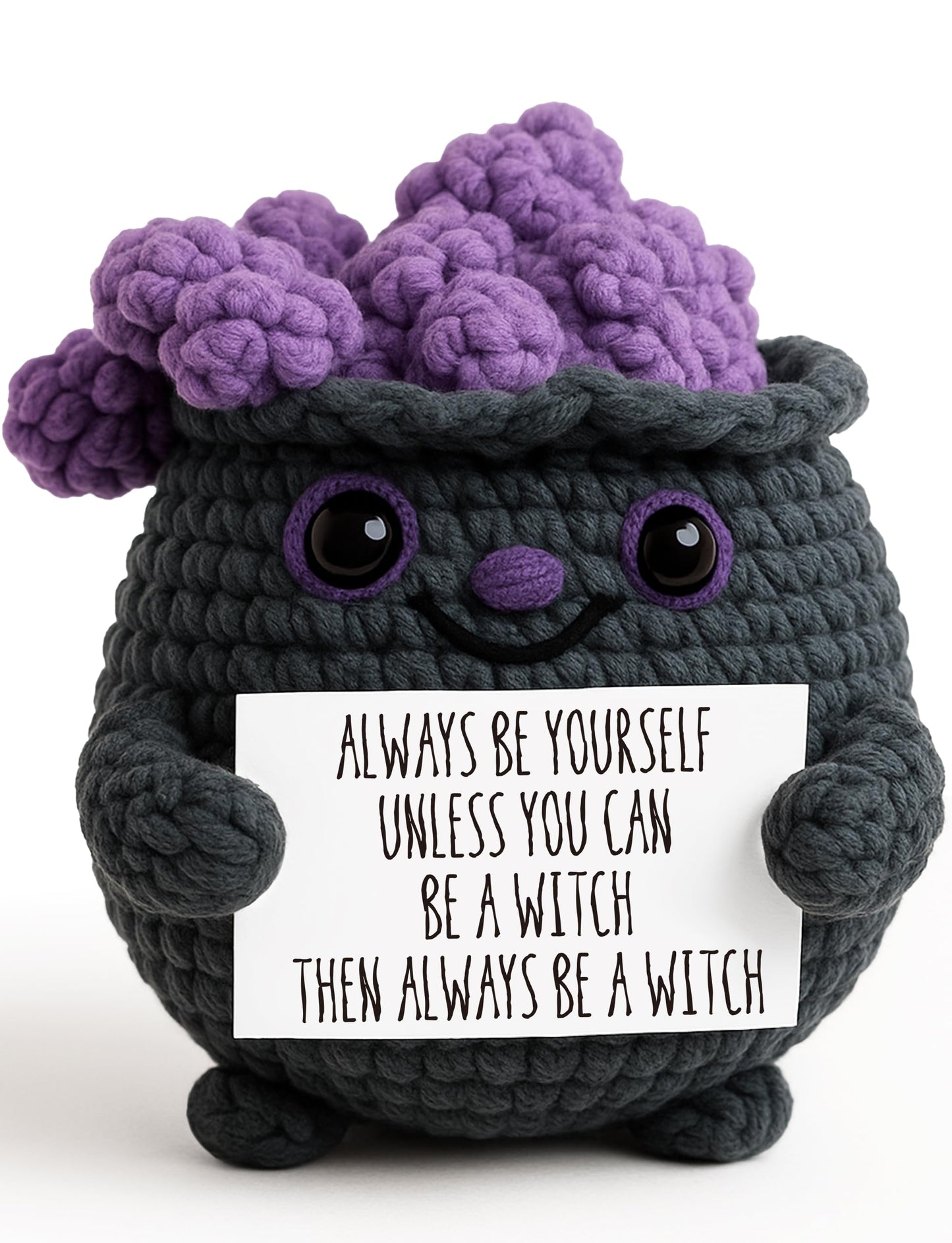 Cute Witch Cauldron Crochet Plush with Positive Affirmation Card - Unique Spooky Witchy Birthday Gifts for Women, Perfect Witchcore Halloween Boo Basket Stuffers - Seasonal Home & Office Decoration