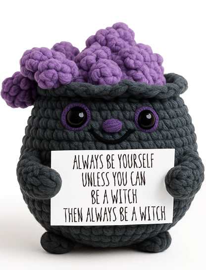 Cute Witch Cauldron Crochet Plush with Positive Affirmation Card - Unique Spooky Witchy Birthday Gifts for Women, Perfect Witchcore Halloween Boo Basket Stuffers - Seasonal Home & Office Decoration