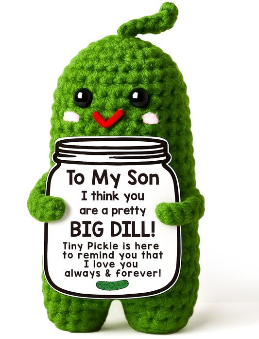 MAMAGIFTREE Son Gifts from Mom Dad, Fathers Day Birthday Gifts for Teens Boys, Handmade Crochet Pickle Graduation Gifts for Adults Son in Law Bonus Step Best Son Ever Gift