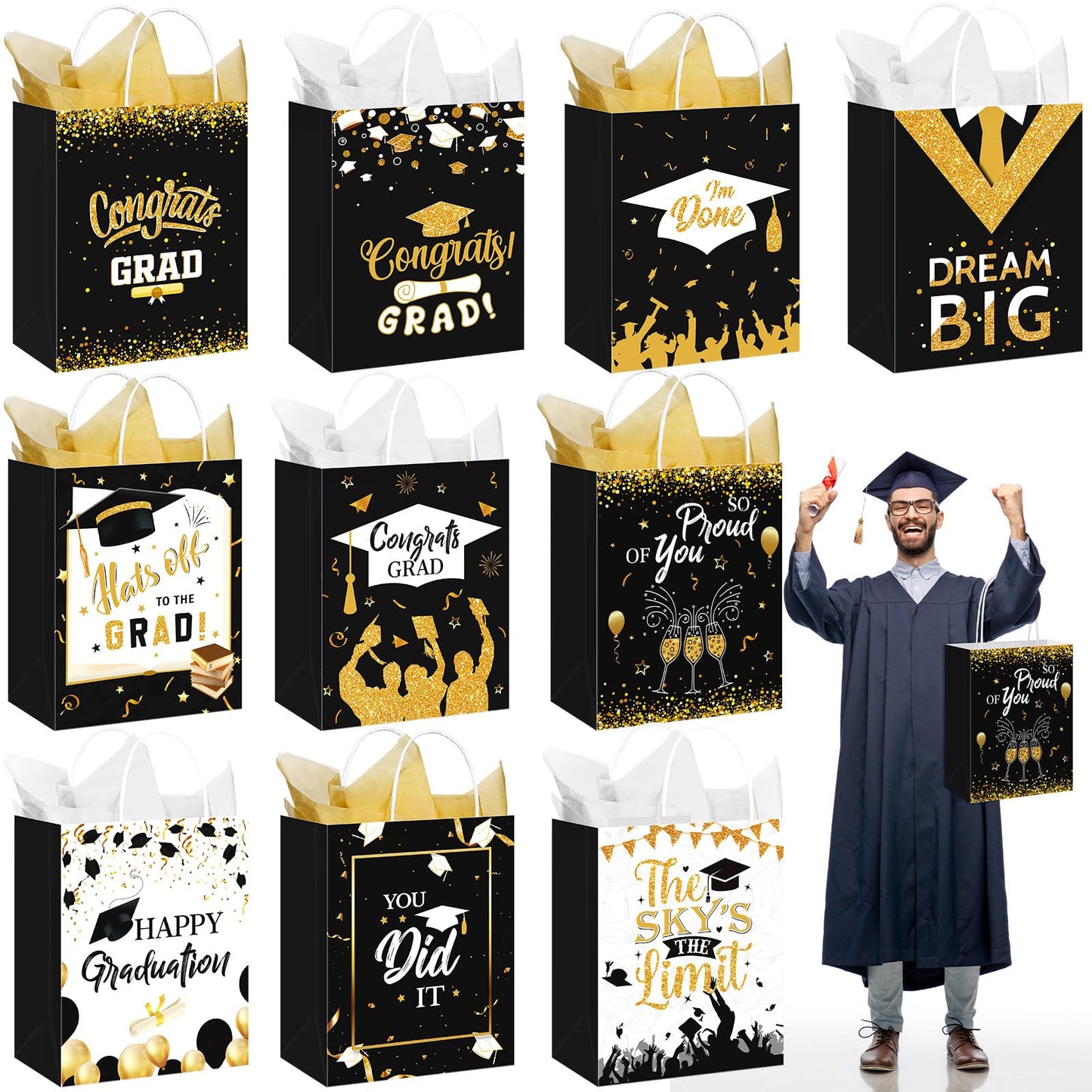 Geyoga 10 Pcs 13'' Large 2026 Graduation Party Favor Bags with Handles and Tissue Papers, Class of 2026 Graduation Gift Bags for High School College Congrats Grad Party Supplies(Black and Gold)