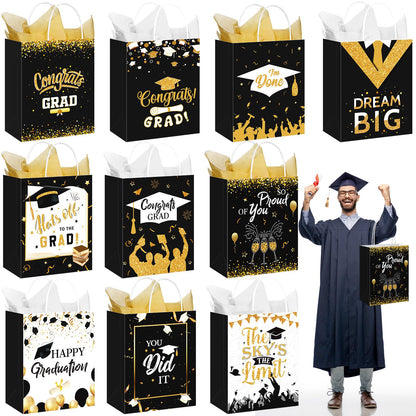 Geyoga 10 Pcs 13'' Large 2026 Graduation Party Favor Bags with Handles and Tissue Papers, Class of 2026 Graduation Gift Bags for High School College Congrats Grad Party Supplies(Black and Gold)
