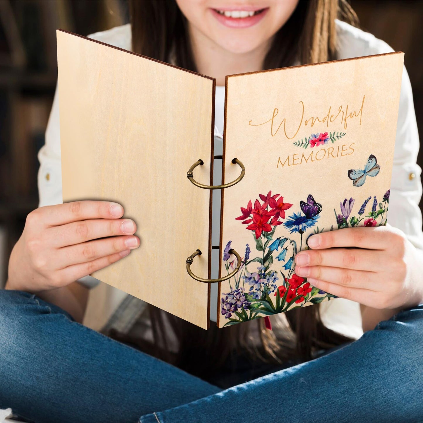 Giiffu Greeting Card Organizer – Wonderful Memories Wooden Floral Card Keeper & Album, Wood Book or Binder for Cards Keepsakes, Personalized Gift for Wedding, Birthday, Anniversaries, Holiday