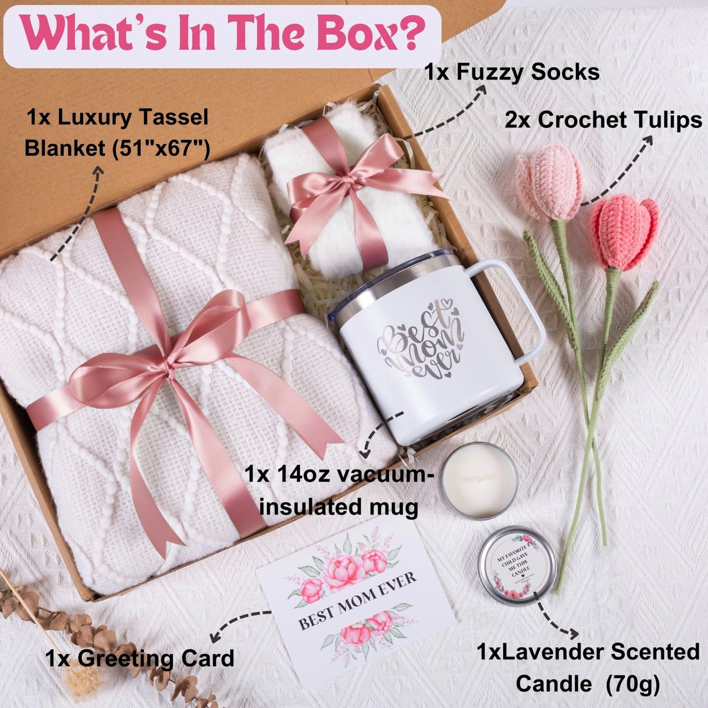 Mothers Day Gifts for Mom from Daughter Son Child, Mother Day Gift Basket for Stepmom, Mother-in-Law, Best Mom Ever Gift Box Set with Blanket Coffee Mug Socks Crochet Tulips Flower