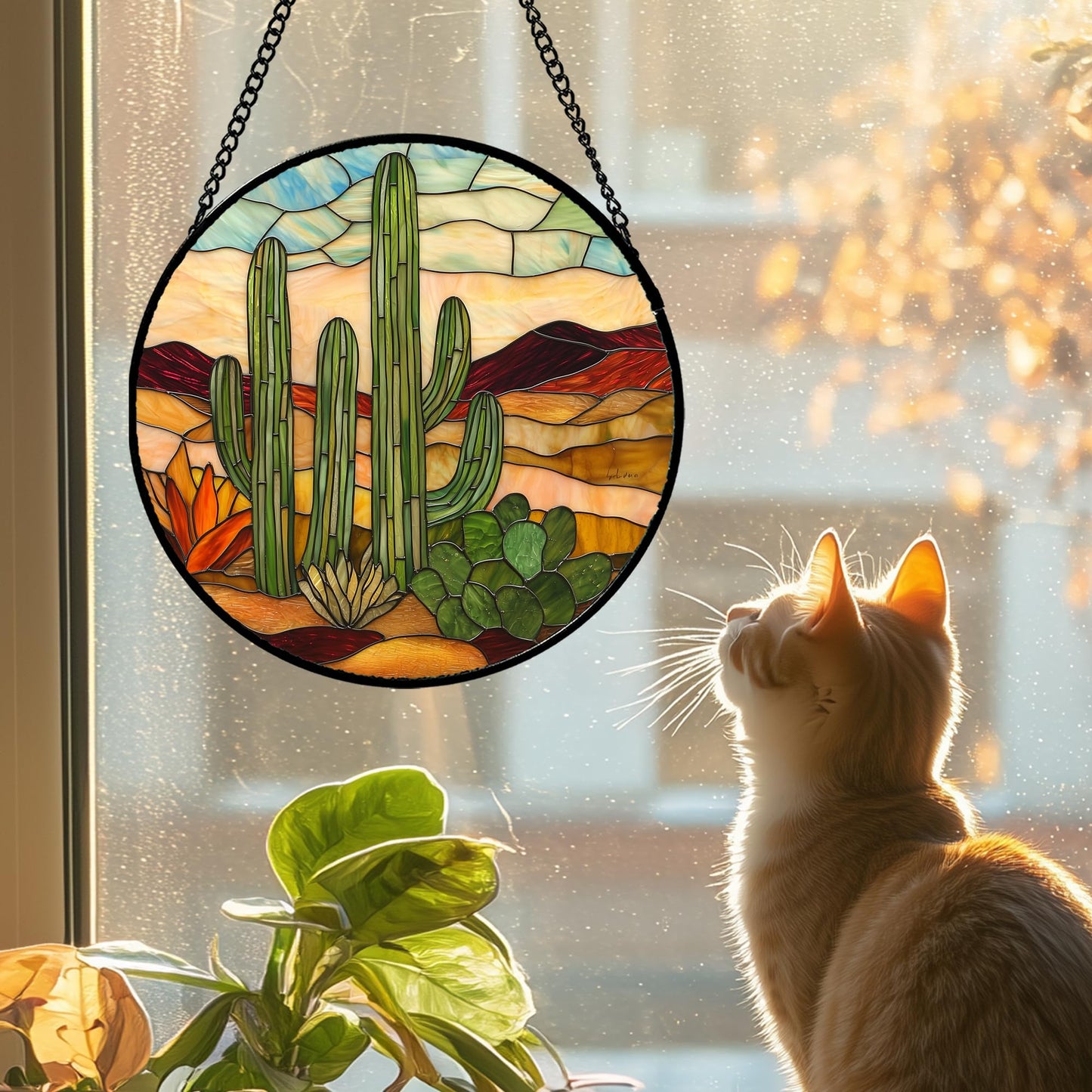Stained Glass Window Hanging, Green Cactus Sun Catcher for Door Terrace Garden Home Decor, Abstract Desert Landscape Suncatcher Birthday Gifts for Lovers Women Men Dad Mom Nana 6.3
