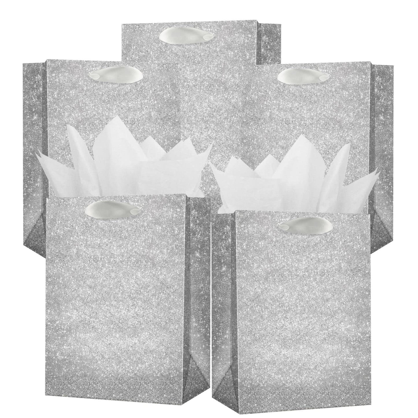 UNIQOOO 12Pcs Embossed Silver Glitter Christmas Gift Bags with 24 Tissue Paper Bulk, M 9x7 Inch, Xmas Silver Gift Wrap Bags, Wedding Bridal Baby Shower Favor Bag Gift Packaging, Birthday Holiday Party