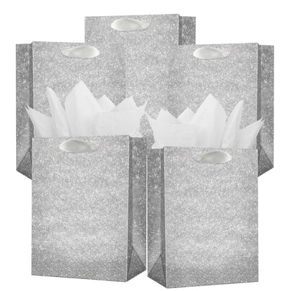 UNIQOOO 12Pcs Embossed Silver Glitter Christmas Gift Bags with 24 Tissue Paper Bulk, M 9x7 Inch, Xmas Silver Gift Wrap Bags, Wedding Bridal Baby Shower Favor Bag Gift Packaging, Birthday Holiday Party