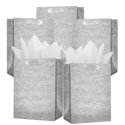 UNIQOOO 12Pcs Embossed Silver Glitter Christmas Gift Bags with 24 Tissue Paper Bulk, M 9x7 Inch, Xmas Silver Gift Wrap Bags, Wedding Bridal Baby Shower Favor Bag Gift Packaging, Birthday Holiday Party