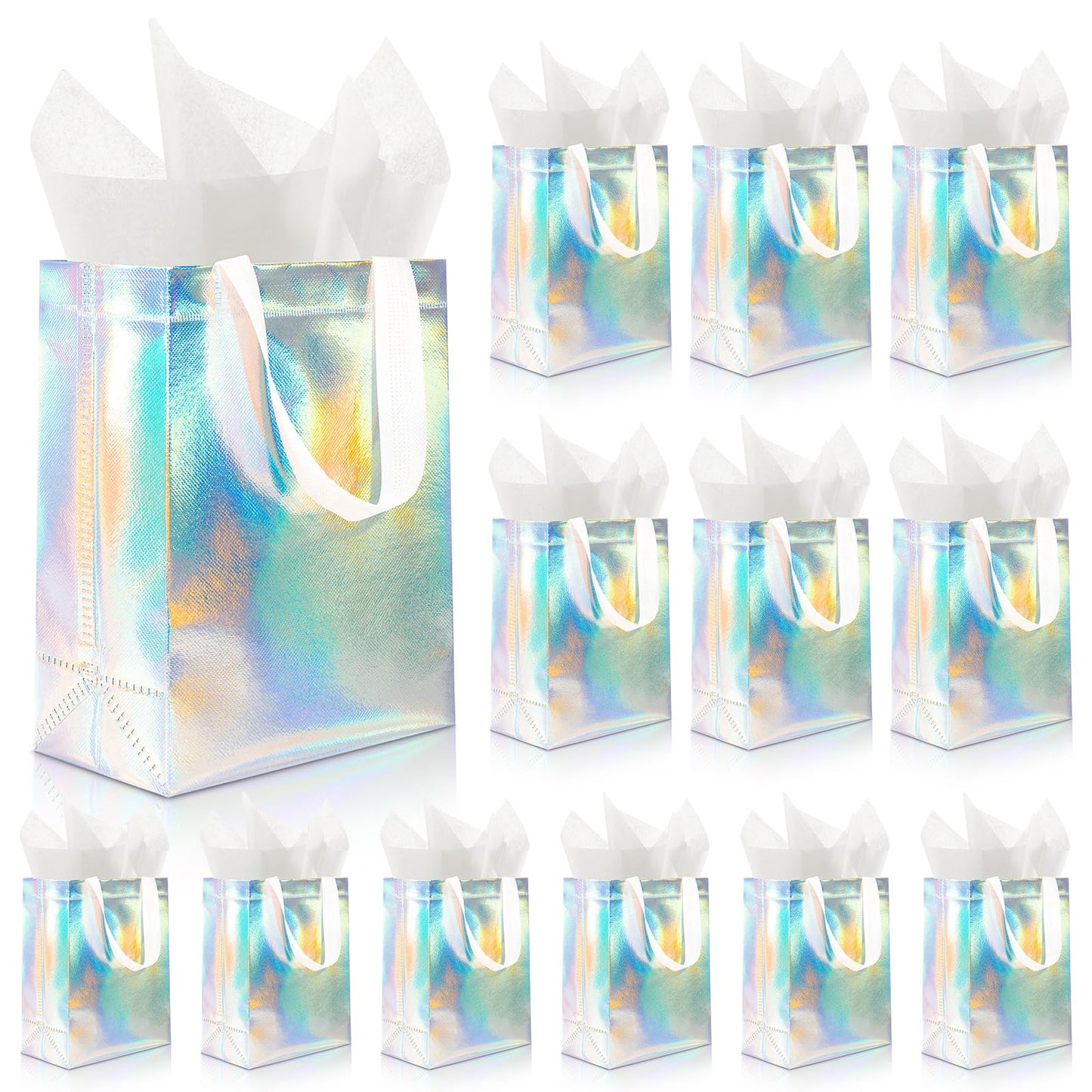 Addblu 12 Pack Reusable Gift Bags with Handles & 24 Tissue Papers, 10x4x8 Inch Iridescent Gift Bags with Cardboard Bases for Shopping, Parties, Birthdays, Weddings, Holiday, Father's Day (Holographic Gift Bag-White Papers)