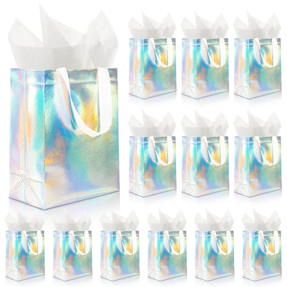 Addblu 12 Pack Reusable Gift Bags with Handles & 24 Tissue Papers, 10x4x8 Inch Iridescent Gift Bags with Cardboard Bases for Shopping, Parties, Birthdays, Weddings, Holiday, Father's Day (Holographic Gift Bag-White Papers)