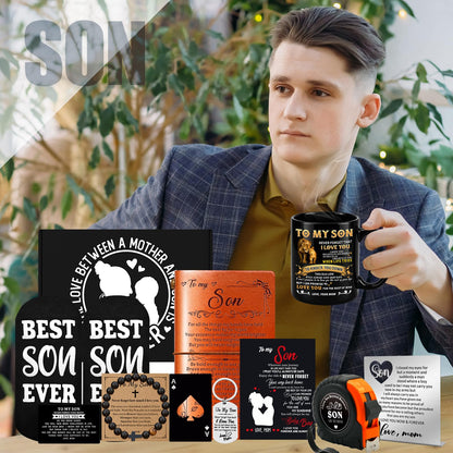 11 Pcs Son Gifts from Mom with 11 Oz Ceramic Cup, Leather Journal, Desk Decorative Sign, Socks, Tape Measure, Bracelet, Keychain for Birthday Graduation Father's Day Christmas Gift for Teens Adult