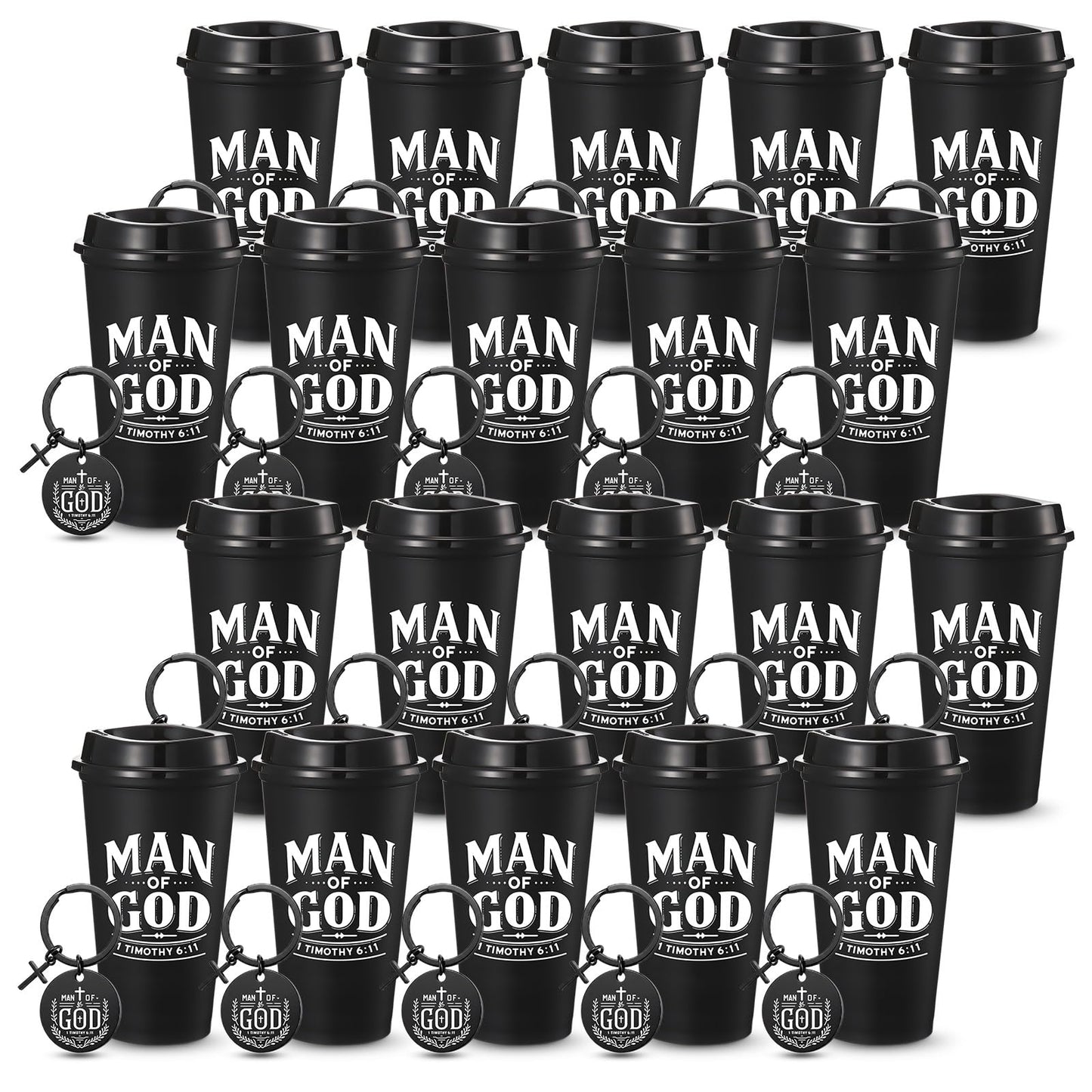 LemonRoad 40 Pcs/ 20 Sets Fathers Day Christian Gifts Man of God Bulk 16oz Reusable Coffee Cups with Lids Man of God Keychains Cross Gifts for Church Religious Men Dad Godfather Coworkers Employee