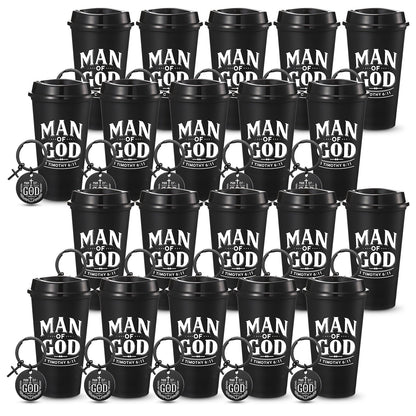 LemonRoad 40 Pcs/ 20 Sets Fathers Day Christian Gifts Man of God Bulk 16oz Reusable Coffee Cups with Lids Man of God Keychains Cross Gifts for Church Religious Men Dad Godfather Coworkers Employee