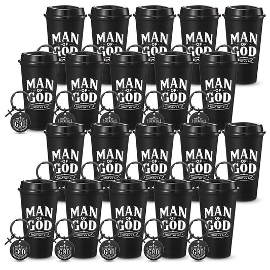 LemonRoad 40 Pcs/ 20 Sets Fathers Day Christian Gifts Man of God Bulk 16oz Reusable Coffee Cups with Lids Man of God Keychains Cross Gifts for Church Religious Men Dad Godfather Coworkers Employee