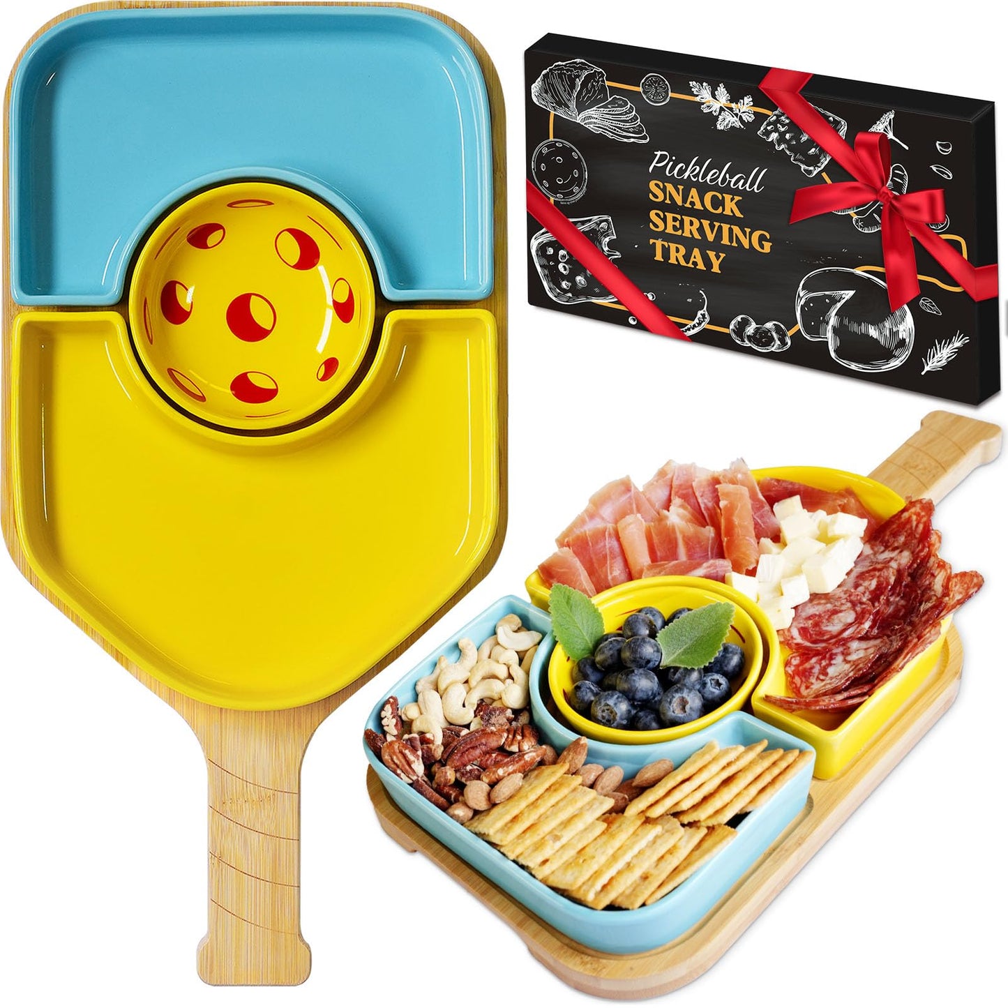 Pickleball Paddle Snack Tray Set, Ceramic Serving Plates with Bamboo Charcuterie Board, Paddle Appetizer Platter for Parties, Unique Pickleball Mothers Day Gifts for Mom