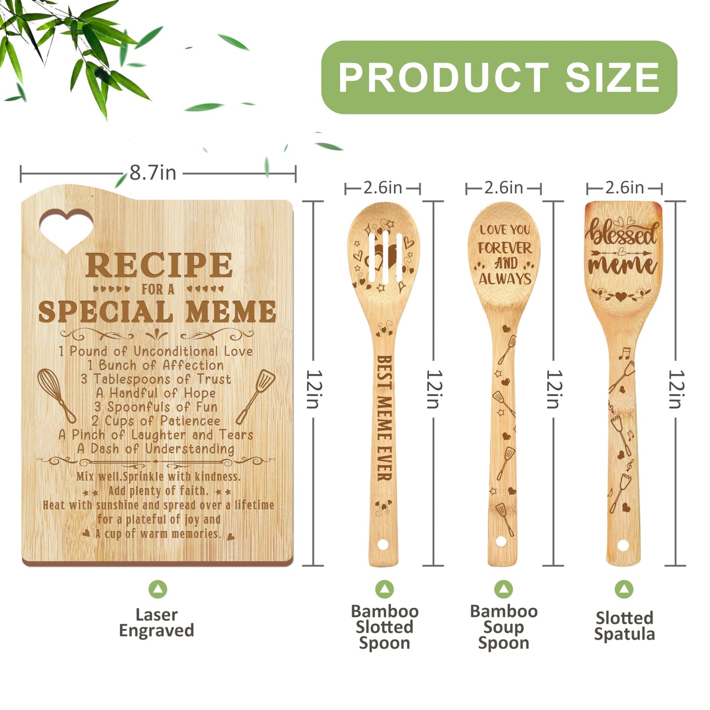 Meme Gifts, Gift for Meme for Grandma Mothers Day Wooden Cutting Board with Cooking Utensils Set with Apron from Grandkids Kitchen Set