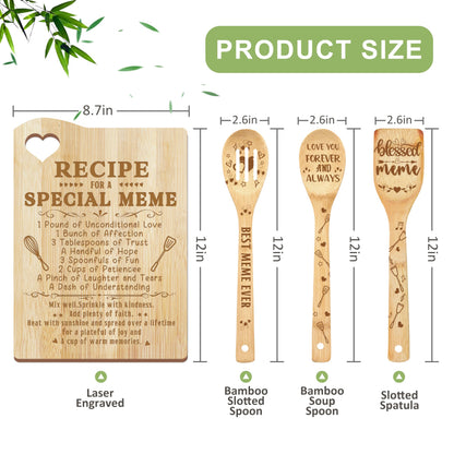 Meme Gifts, Gift for Meme for Grandma Mothers Day Wooden Cutting Board with Cooking Utensils Set with Apron from Grandkids Kitchen Set