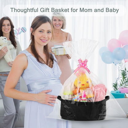 COMSE Small Woven Basket with Gift Bags and Ribbons, Gift Basket Empty, Cotton Rope Storage Organizer, Baby Toy Box with Handles, 12" x 8" x 5", Black