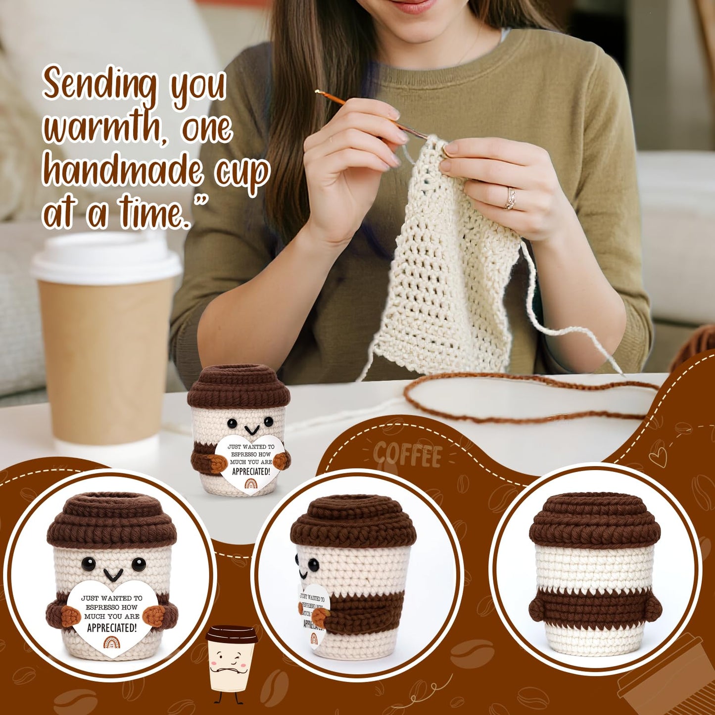 OCCdesign Mini Appreciation Gift for Women Men Coworkers Teachers Boss Nurses Handmade Crochet Coffee Cup Thank You Gift for Friends Roommates Staff Employees Volunteers Birthday Office Desk Decor