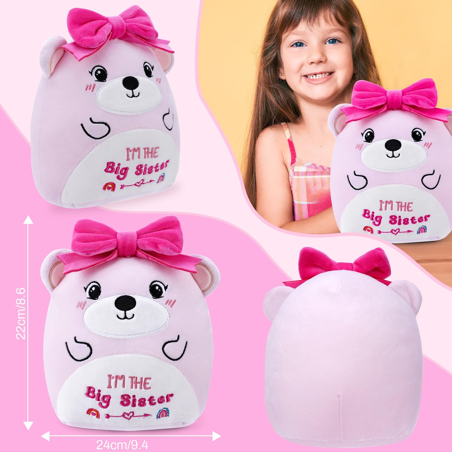 Big Sister Plush Toy: 8-Inch I'm The Big Sister Bear with Pink Bow Stuffed Animal Cute Soft Plushie Pillows Christmas, New Sibling Gifts for Girls Kids