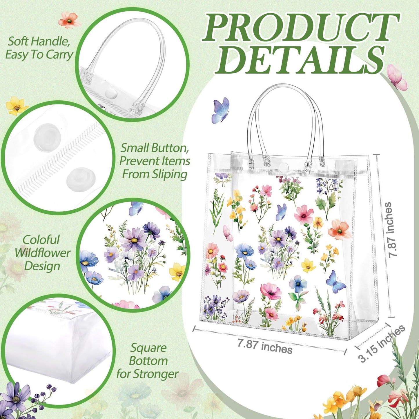 Resholder 24 Pcs Spring Floral Clear Gift Bags Wildflowers Goodie Bags with Handle 8 x 8 x 3.15 Inch Return Gift Wrap Tote for Guests Birthday Bridal Shower Wedding Tea Spring Summer Party Supplies