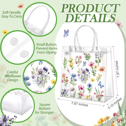 Resholder 24 Pcs Spring Floral Clear Gift Bags Wildflowers Goodie Bags with Handle 8 x 8 x 3.15 Inch Return Gift Wrap Tote for Guests Birthday Bridal Shower Wedding Tea Spring Summer Party Supplies