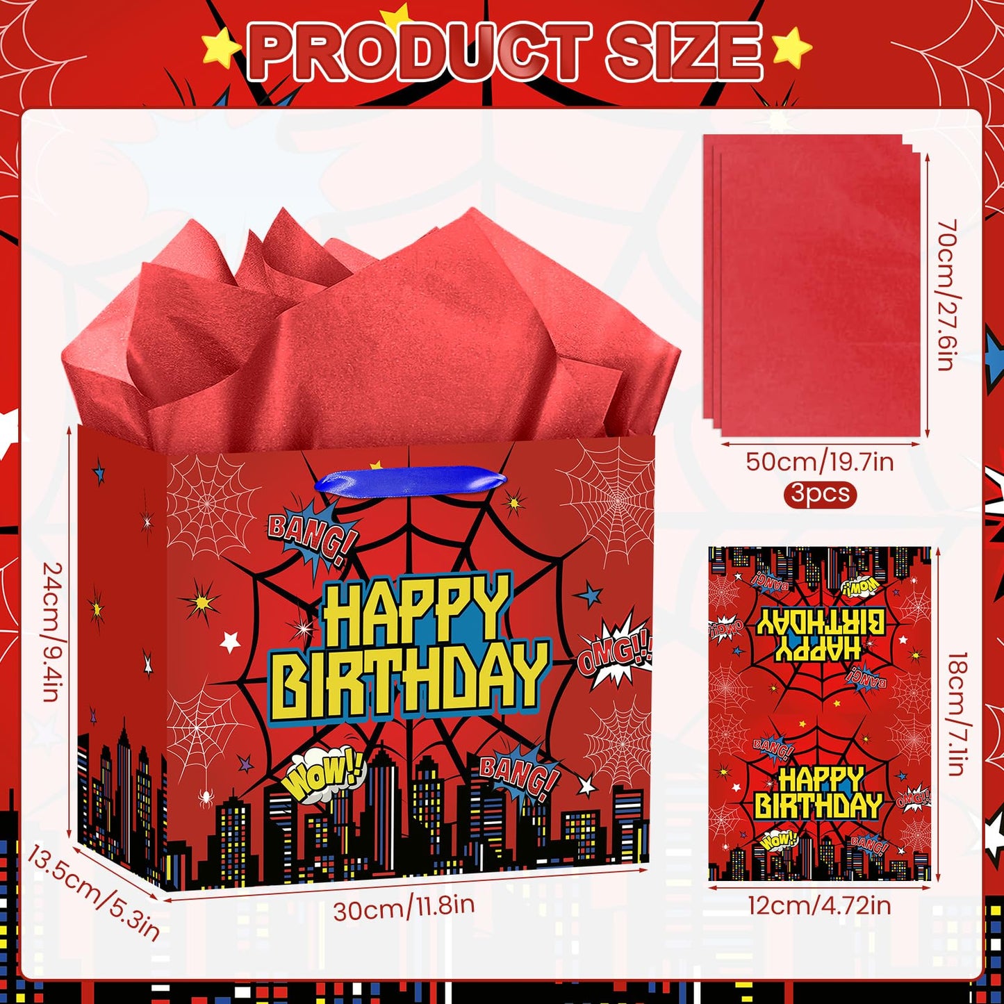 MOORIIY Hero Birthday Gift Bag with Greeting Card and Red Wrapping Paper, Spider Theme Birthday Gift Bag Red Heros Favors Bags for Men Kids Baby Shower Party Decor Supplies
