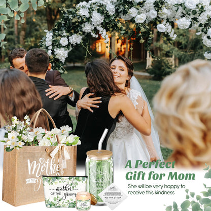 Hushee 2 Sets Mother of the Bride and Mother of the Groom Gifts Set Includes 16 oz Glass Cups Canvas Tote Bags Cosmetic Bag Handkerchief Candle for Mom Bridal Shower Wedding Gifts(Eucalyptus)