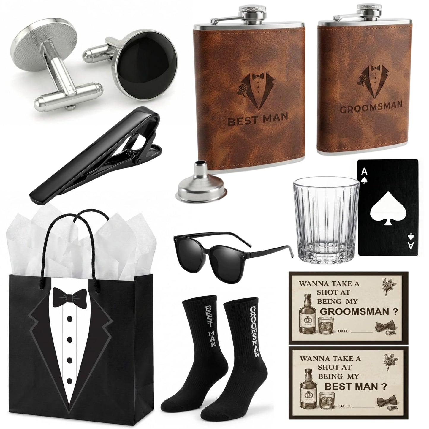 80 Pcs Groomsmen Gifts Set of 8,Groomsmen Proposal Box Gifts with Flasks Shot Glasses Socks Cuff Collar Clip Sunglasses Bottle Opener for Wedding Grooms Men Best Man Bachelor Party Favors