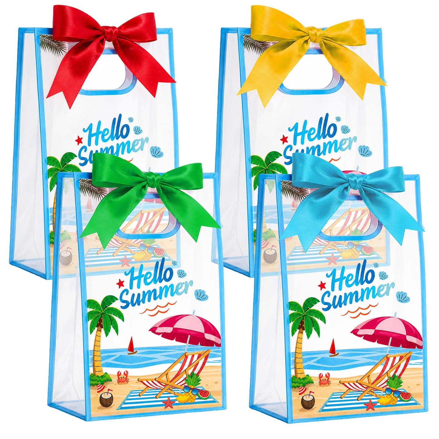28Pcs Hello Summer Clear Gift Bags, Clear Beach Bag with Handles Ribbon Bows, Pool Party Favor Bag Hawaiian Goodie Candy Snack Treat Bag for End of School Year Summer Birthday Pool Beach Party Supply