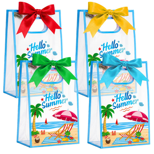 28Pcs Hello Summer Clear Gift Bags, Clear Beach Bag with Handles Ribbon Bows, Pool Party Favor Bag Hawaiian Goodie Candy Snack Treat Bag for End of School Year Summer Birthday Pool Beach Party Supply
