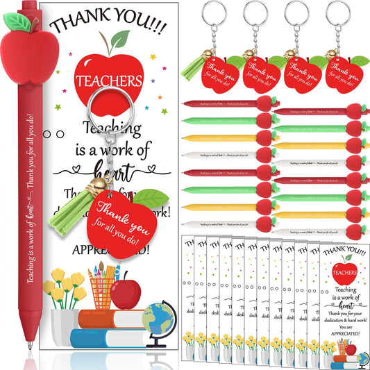 Kosiz 24 Sets Teacher Appreciation Gifts Bulk for Women Men Include Retractable Ballpoint Pens Thank You Keychain End of Year Gifts Greeting Card with Ties(Apple)