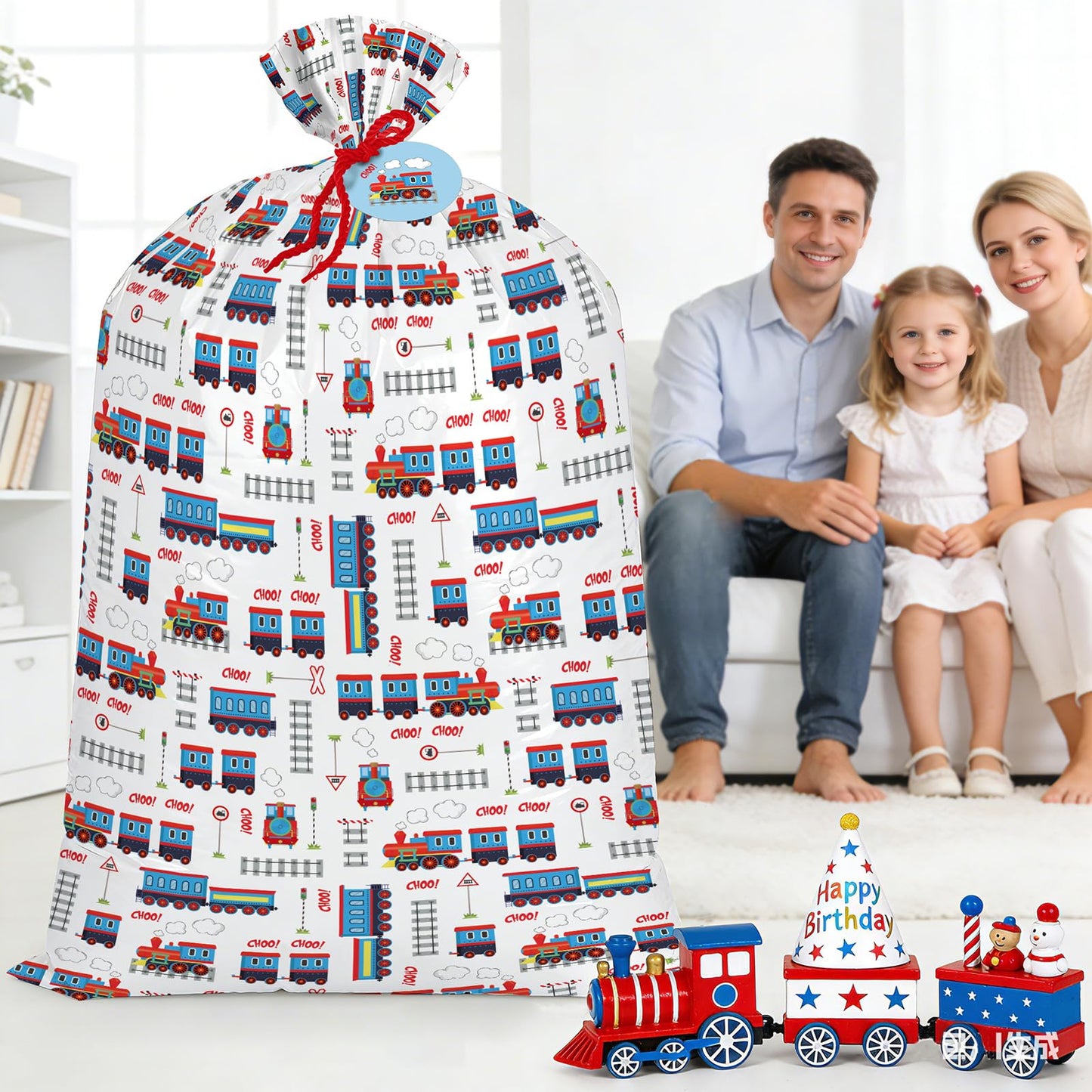 WRAPAHOLIC 56" Extra Large Train Birthday Plastic Gift Bag - Vintage Trains Tracks Jumbo Bike Bag Gift Wrap for Kids Boys Girls Birthday, Baby Shower - 56" H x 36" W